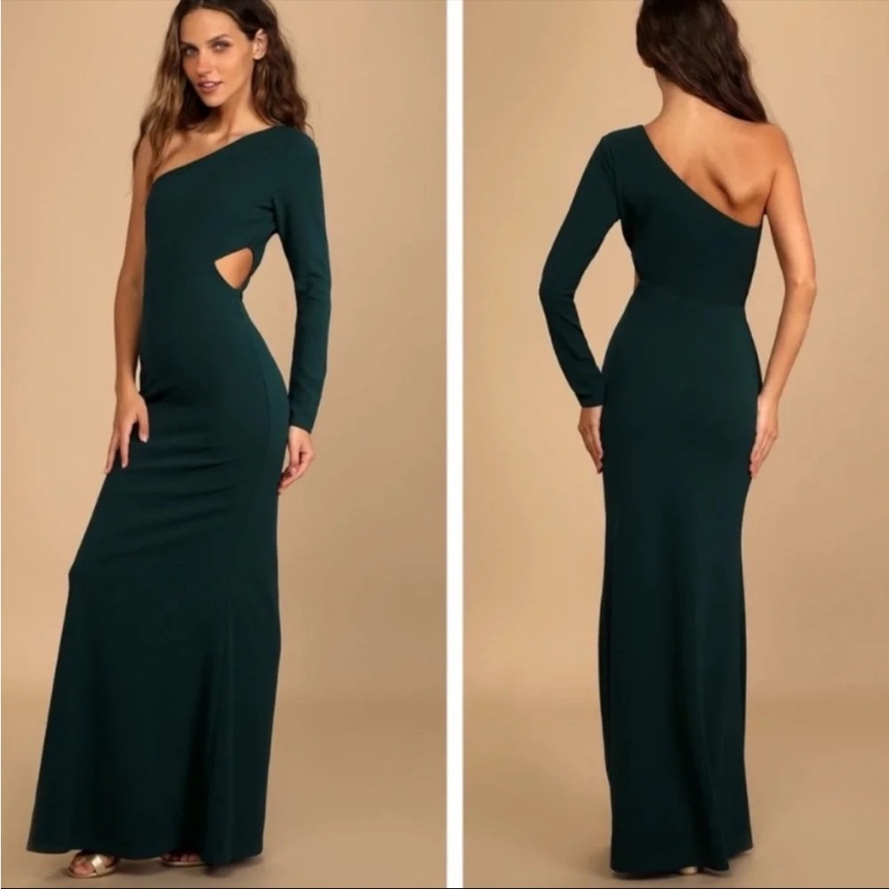 Lulus One-Shoulder Dark Green Cutout Maxi Dress